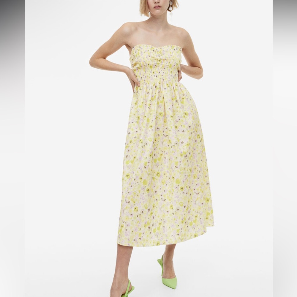 H&M Strapless Smocked Floral Midi Dress Size M Yellow Lavender Summer